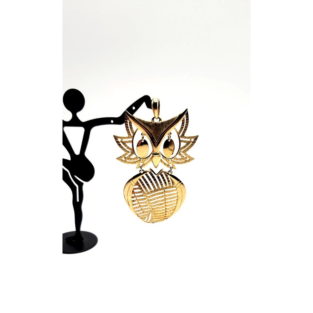 Alan Signed Vintage Owl Pendant Necklace Gold Tone 3.5 in Retro Modern Jewelry - Picture 4 of 4